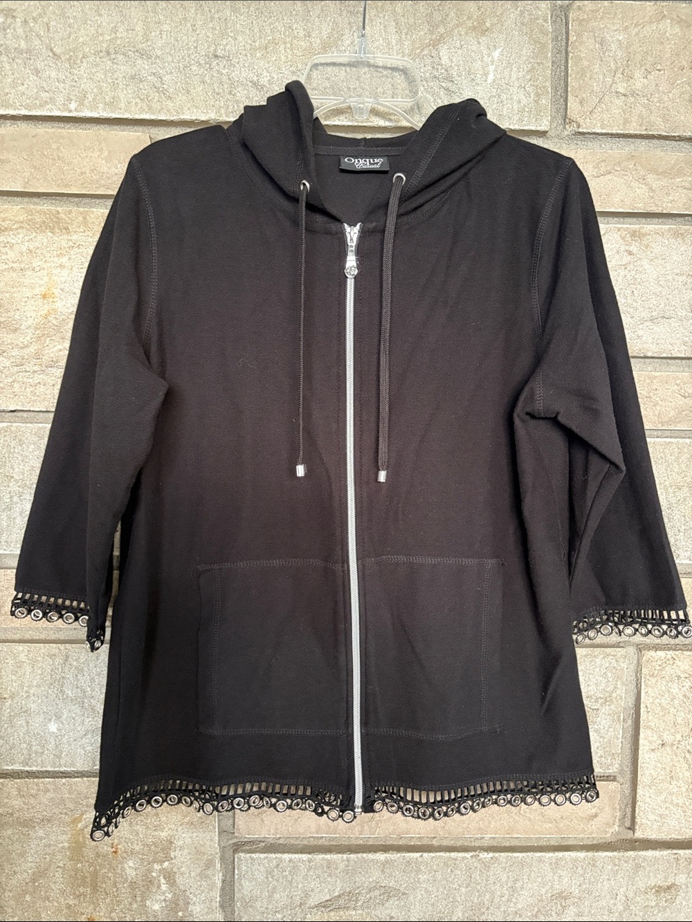 Onque Casuals Black Hooded Zip hoodie with silver metal loop trim